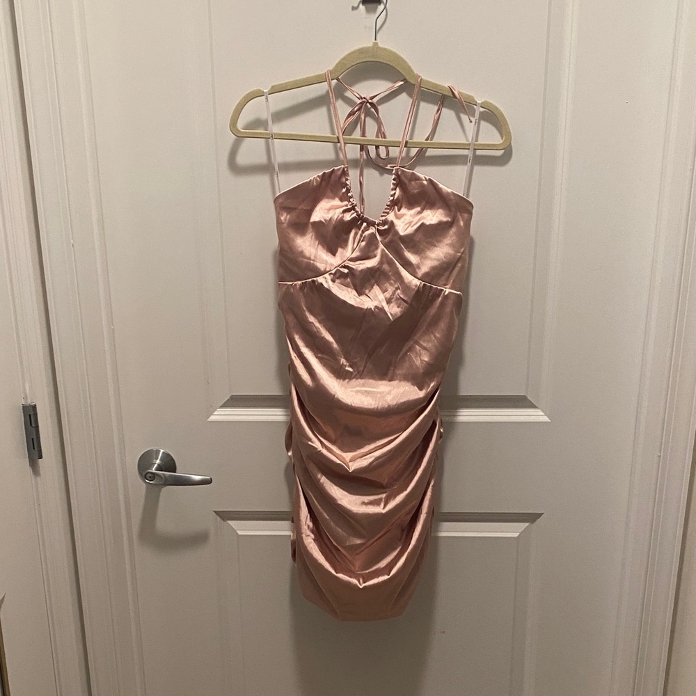 Lulu's Satin Halter Midi Dress in Rose Gold
